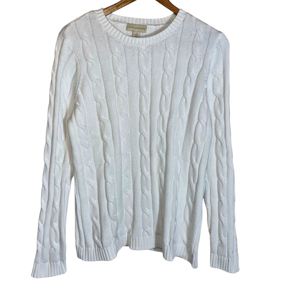 Vintage 90s Appleseed's White Fitted Cable Knit Sweater Soft Cotton Small